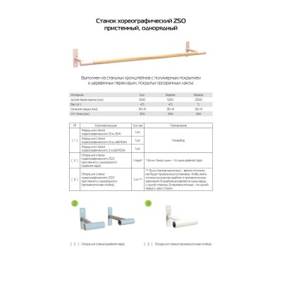 Станок хореографический однорядный пристенный (береза) 2 м Zavodsporta